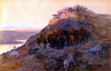 Indiana Cowboy Painting - buffalo herd at bay 1901 Charles Marion Russell Indiana cowboy